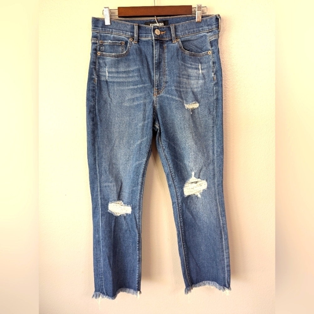 Express women's distressed cropped straight super high rise jeans